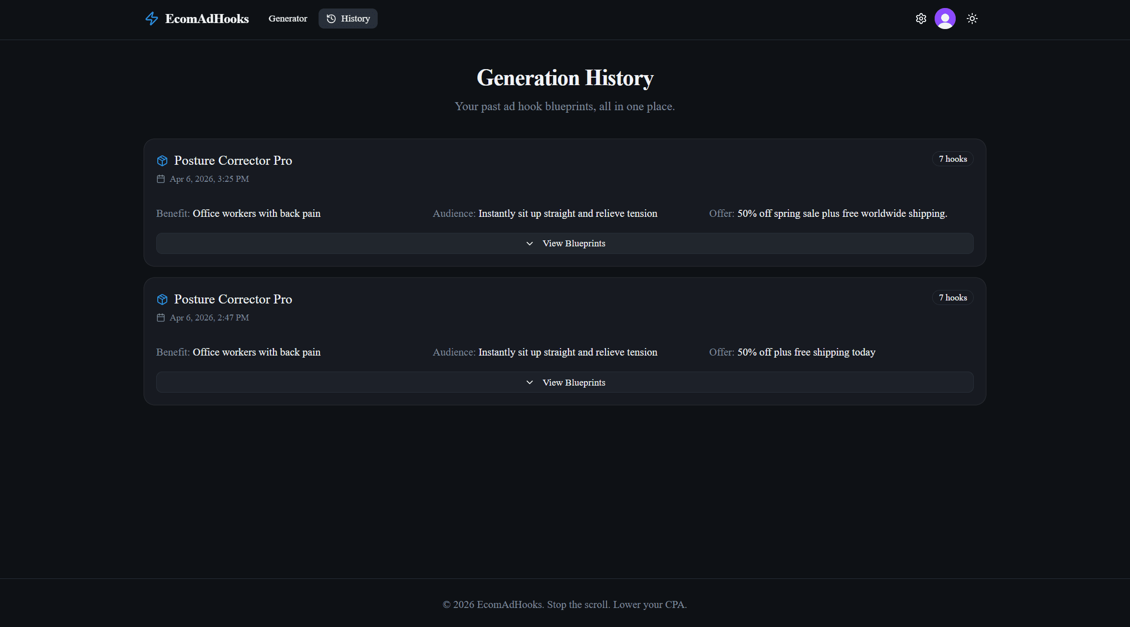 Generation history dashboard