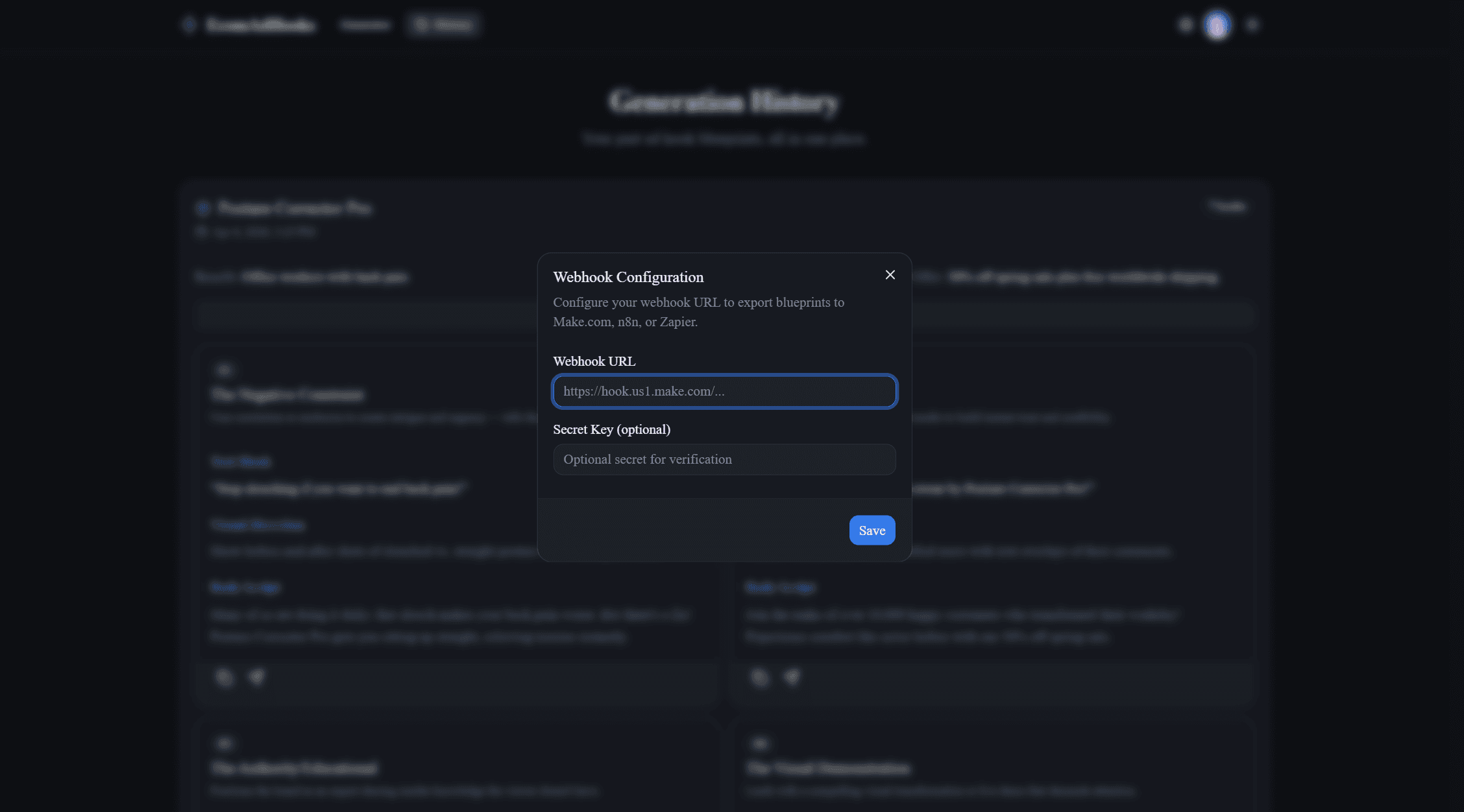 Webhook integration settings